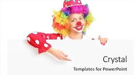  Presentation with clown - PPT theme consisting of female clown with happy joyful expression on her face posing behind a white panel isolated on white background background and a sky blue colored foreground