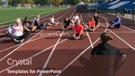  Presentation with school children - Theme featuring female-coach-and-group background and a tawny brown colored foreground