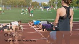  Presentation with group training - Presentation theme consisting of female-coach-and-group background and a violet colored foreground