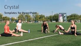  Presentation with coach - Presentation theme with female-coach-and-group background and a light blue colored foreground