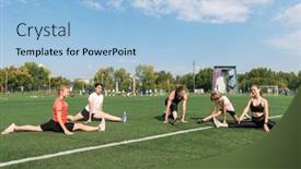  Presentation with coach - Presentation design featuring female-coach-and-group background and a light blue colored foreground