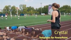  Presentation with group training - Theme enhanced with female-coach-and-group background and a tawny brown colored foreground