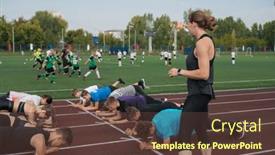  Presentation with group training - Theme having female-coach-and-group background and a tawny brown colored foreground