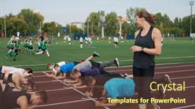  Presentation with group training - Presentation design having female-coach-and-group background and a tawny brown colored foreground