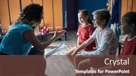  Presentation with children sport - Amazing slide deck having female-coach-talking backdrop and a tawny brown colored foreground