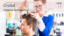  Presentation with beauty shop - Slide deck with female coiffeur cutting men hair background and a lemonade colored foreground