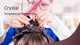  Presentation with divide - Presentation having female coiffeur divide women hair in sections with clips in shop background and a lemonade colored foreground