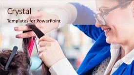  Presentation with divide - PPT theme consisting of female coiffeur divide women hair in sections with clips in shop background and a lemonade colored foreground