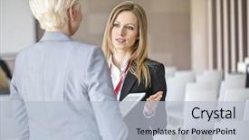  Presentation with female - Presentation having female colleague in seminar hall background and a  colored foreground