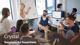  Presentation with data meeting - Slides with female-colleague-showing-and-explaining background and a tawny brown colored foreground