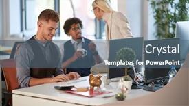  Presentation with business casual - Audience pleasing PPT theme consisting of female-colleague-sitting-on-desk backdrop and a ocean colored foreground