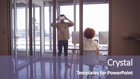  Presentation with farewell for colleague - Cool new slide deck with female-colleague-working-while-businessman backdrop and a violet colored foreground