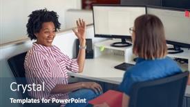  Presentation with atmosphere - PPT theme having female-colleagues-are-having background and a ocean colored foreground