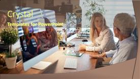  Presentation with working together - Beautiful presentation theme featuring female-colleagues-are-talking backdrop and a tawny brown colored foreground