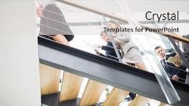  Presentation with upstairs - Cool new slide deck with female colleagues moving upstairs backdrop and a light gray colored foreground