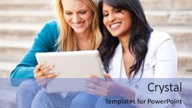  Presentation with college - Colorful presentation design enhanced with female college friends using tablet backdrop and a light blue colored foreground