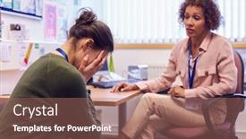  Presentation with college campus - Audience pleasing PPT theme consisting of female-college-student-meeting backdrop and a coral colored foreground