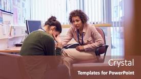  Presentation with college campus - Slide set featuring female-college-student-meeting background and a tawny brown colored foreground