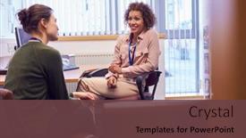  Presentation with college campus - Cool new slide deck with female-college-student-meeting backdrop and a tawny brown colored foreground