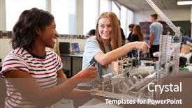  Presentation with college students - Presentation enhanced with female college students building machine background and a violet colored foreground