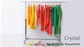  Presentation with dress shoes - PPT theme having female-colorful-coat-jacket-yellow background and a light gray colored foreground