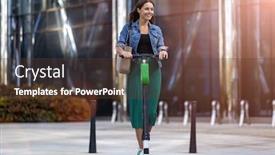  Presentation with electric scooter - Presentation design featuring female commuter riding electric push scooter background and a tawny brown colored foreground