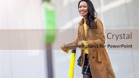  Presentation with electric scooter - Presentation design having female commuter riding electric push scooter background and a coral colored foreground