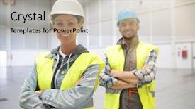  Presentation with safety workplace - PPT theme consisting of female concstruction coworkers in warehouse background and a mint green colored foreground