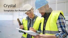  Presentation with safety workplace - Slide deck having female concstruction coworkers in warehouse background and a soft green colored foreground