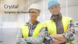  Presentation with coworkers - Audience pleasing PPT theme consisting of female concstruction coworkers in warehouse backdrop and a soft green colored foreground