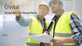  Presentation with female male symbol - Beautiful PPT theme featuring female concstruction coworkers in warehouse backdrop and a soft green colored foreground