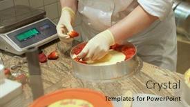  Presentation with strawberry - Audience pleasing presentation theme consisting of female-confectioner-preparing-a-strawberry backdrop and a coral colored foreground