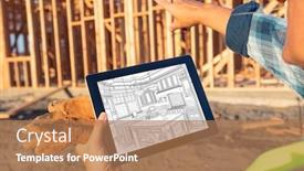  Presentation with kitchen fires - Slide set featuring female construciton worker reviewing kitchen drawing on computer pad at construciton site background and a coral colored foreground