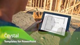  Presentation with house - Presentation design consisting of female construciton workers reviewing house background and a tawny brown colored foreground