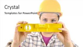  Presentation with construction equipment - Presentation featuring female construction consultant with yellow helmet thinking measuring with a balance equipment white background studio picture background and a white colored foreground