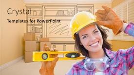  Presentation with custom - Slide deck featuring female construction worker holding level in front of custom built in entertainment unit drawing in empty room background and a lemonade colored foreground