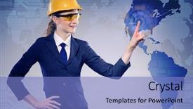  Presentation with facts and myths concept word - Theme with female construction worker in globalisation background and a  colored foreground