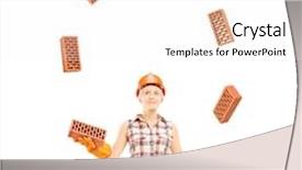  Presentation with white bricks - Colorful theme enhanced with female construction worker juggling bricks isolated on white background backdrop and a white colored foreground