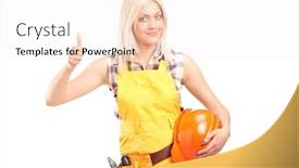  Presentation with construction equipment - Slide set with female construction worker with equipment giving thumb up isolated on white background background and a sky blue colored foreground