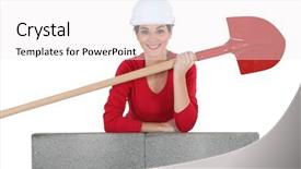  Presentation with construction - Audience pleasing PPT theme consisting of female construction worker with mobile backdrop and a  colored foreground