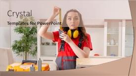  Presentation with contractor - Cool new theme with female contractor repairing furniture at home backdrop and a coral colored foreground