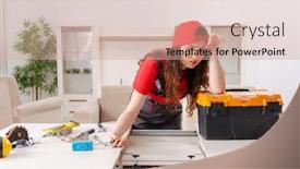  Presentation with contractor - Presentation consisting of female contractor repairing furniture at home background and a coral colored foreground