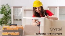  Presentation with contractor - Beautiful presentation design featuring female contractor repairing furniture at home backdrop and a coral colored foreground
