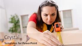  Presentation with contractor - Cool new presentation design with female contractor repairing furniture at home backdrop and a coral colored foreground