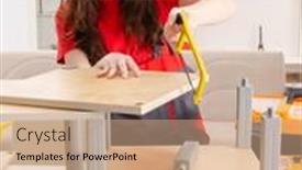  Presentation with contractor - Presentation design consisting of female-contractor-repairing-furniture background and a coral colored foreground