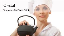 Presentation with teapot - Amazing theme having female cook chef in uniform with teapot isolated on white backdrop and a white colored foreground