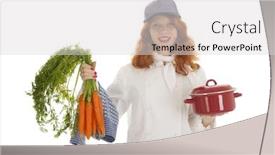 Presentation with cook chef - Presentation theme consisting of female cook chef with red hair and baked bread isolated over white background background and a light gray colored foreground