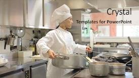  Presentation with restaurant kitchen - Audience pleasing slide set consisting of female cook preparing food in a restaurant kitchen backdrop and a coral colored foreground