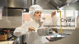  Presentation with restaurant kitchen - Cool new theme with female cook tasting some food in a restaurant kitchen backdrop and a soft green colored foreground