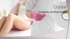  Presentation with hair salon - Cool new slides with female cosmetologist holding roll of paper for hair removal procedure in salon depilation concept backdrop and a light gray colored foreground